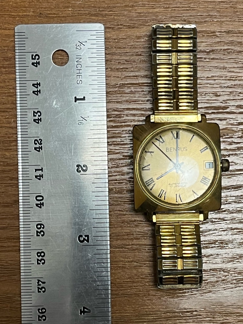 Vintage Benrus Automatic 17 Jewel Gold Tone Square Watch Roman Numerals